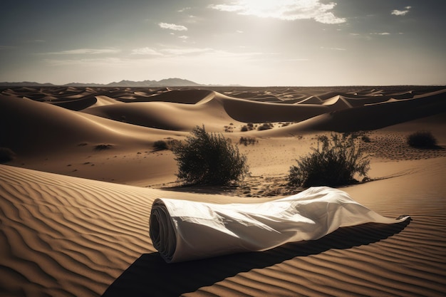 Una manta está sobre una manta en el desierto.