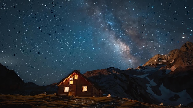 Foto bajo una manta de estrellas una cabaña solitaria se sienta enclavada en las montañas el cálido resplandor de sus ventanas contrasta con el frío y oscuro cielo nocturno