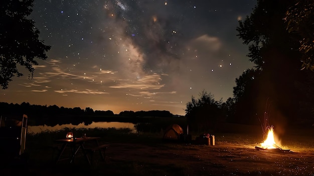 Bajo una manta de estrellas una fogata solitaria arde brillantemente proyectando un caloroso resplandor en un campamento junto al lago