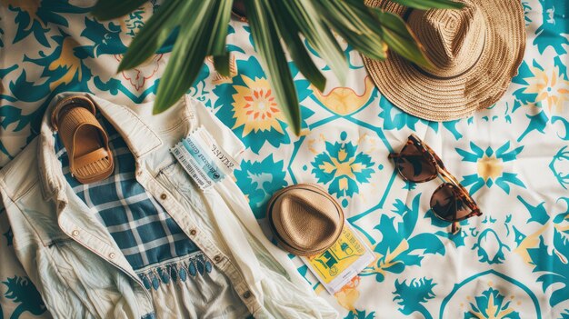 Foto manta de picnic adornada con un sombrero gafas de sol libro y flores aig