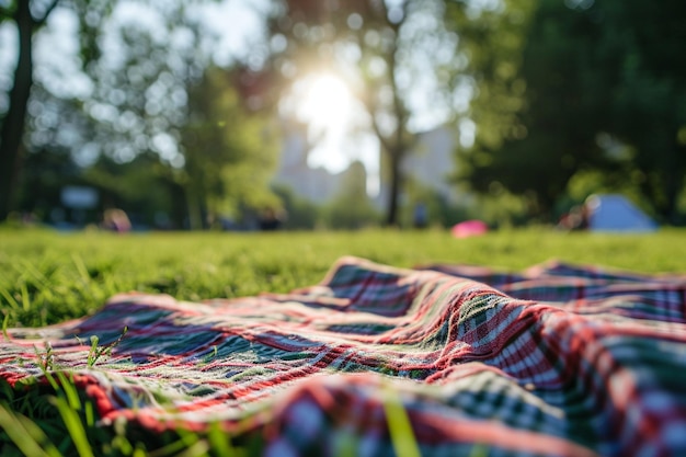 Foto una manta de picnic en el césped del parque