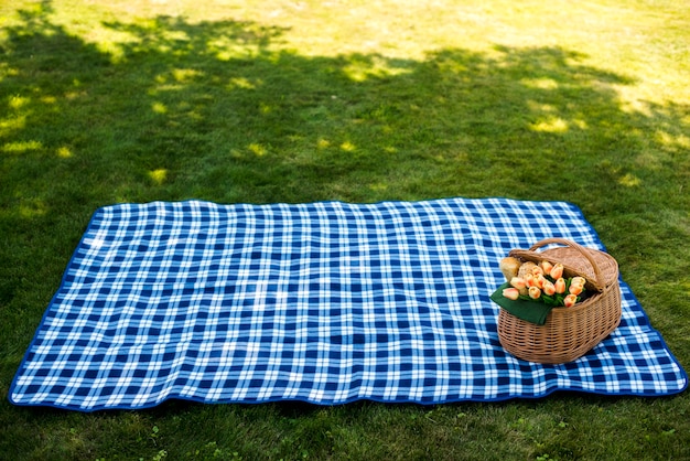 Manta de picnic con una cesta de alto ángulo