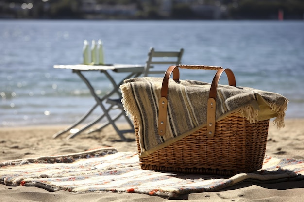 Manta de picnic y cesta en la playa frente al mar