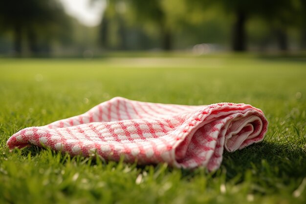 Manta de picnic a cuadros rojos y blancos encima de un campo verde en un día soleado sobre césped en el parque de verano Fondo borroso