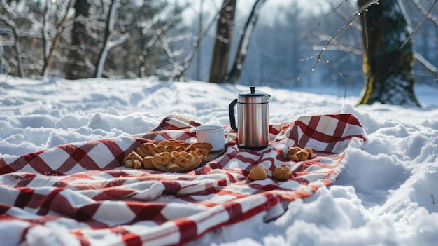 Una manta de picnic a cuadros rojos extendida sobre una manta de nieve recién caída con un termo y