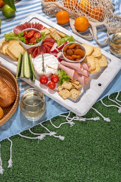 Manta de picnic con tablas de charcutería comida saludable y vino en el parque en el césped en un día soleado