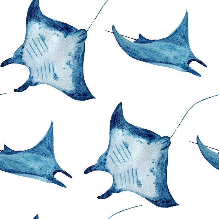 Foto manta ray acuarela patrón sin costuras aislado en blanco de alta calidad dibujado a mano monocromático