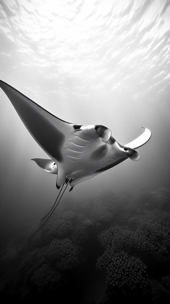 manta raya arafed en el océano con el sol brillando a través de las nubes ai generativo