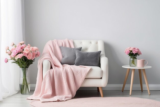 Foto manta rosa pastel y almohada en una silla de balanceo blanca en una habitación sofisticada con mesita de noche y flores en un jarrón de vidrio