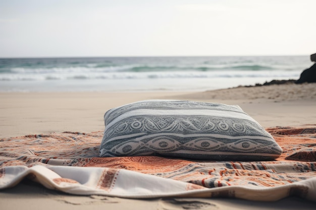Manta suave y almohada en la playa con vista al mar
