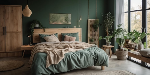 Manta verde en una cómoda cama doble con una gran ventana en el interior de un dormitorio de estilo escandinavo con vistas al bosque