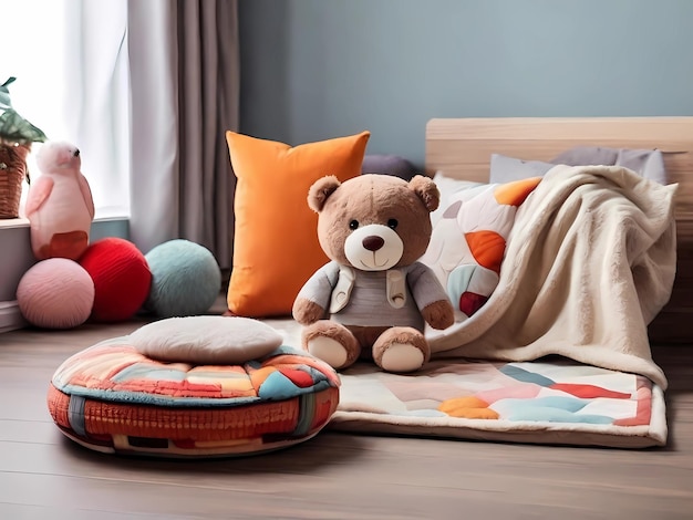 mantas con una almohada y un juguete maravilloso para niños el suelo de las habitaciones es de madera