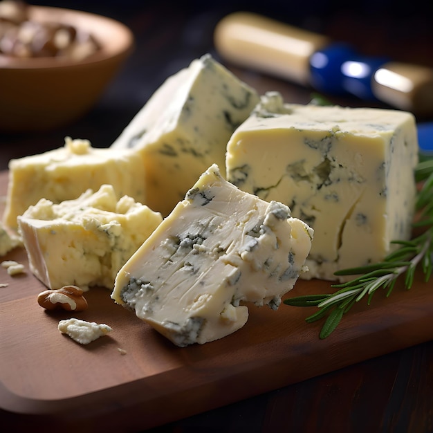 Manteiga de bife de queijo azul em uma tábua de corte de madeira fechada Tijolos de manteiga de queijo azul feitos em casa