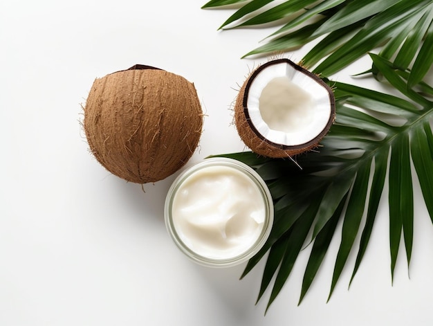 Manteiga de coco natural generativa AI Eco e creme hidratante preparando-se para spa doméstico em vagabundos brancos