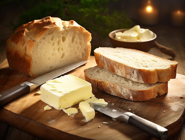 manteiga fresca cortada em pedaços e pão na placa de madeira gerada ai