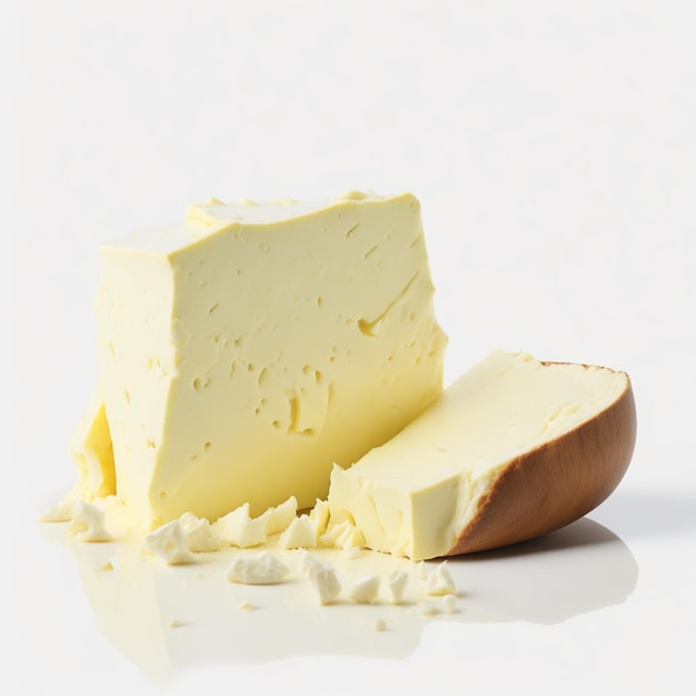 manteiga numa tábua de madeira isolada sobre um fundo branco com sombra AIGenerado