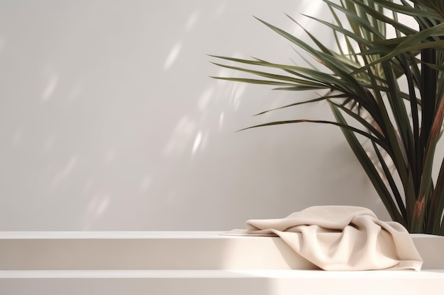 Mantel de algodón beige en la mesa del mostrador con un árbol de dracaena tropical a la luz del sol contra un fondo de pared blanco perfecto para el cuidado de la piel orgánico de lujo o la presentación de productos de belleza en 3D