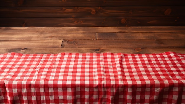 Mantel de cocina a cuadros rojos y blancos sobre una mesa de madera.