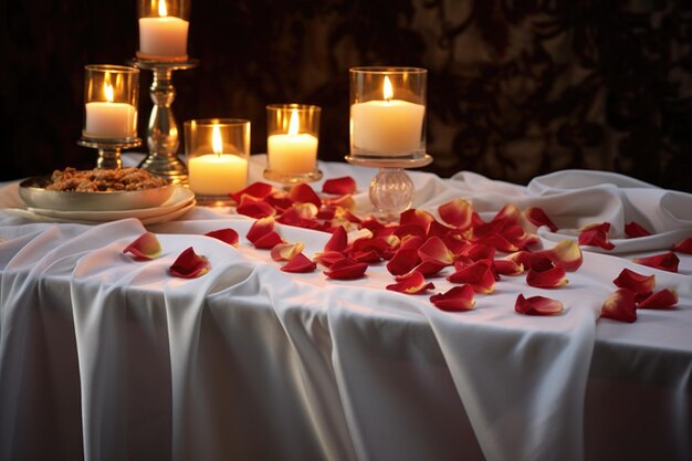 Mantel de lino blanco con velas parpadeantes y pétalos de rosa