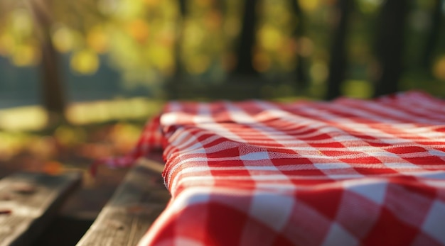 mantel de picnic de tela roja en la mesa de picnic en el fondo de la naturaleza de otoño