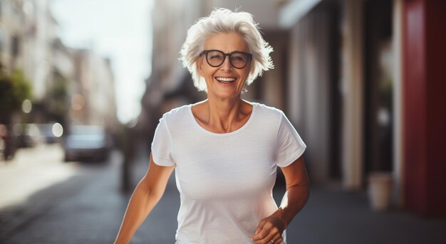 Mantendo-se em forma aos 60 anos Uma mulher de meia-idade sorridente durante uma corrida na cidade