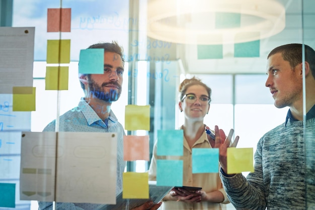 Mantendo seus objetivos de perto Foto de um grupo de empresários fazendo brainstorming com notas em uma parede de vidro em um escritório