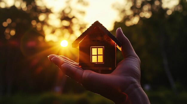 Mantendo uma casa em miniatura iluminada ao pôr-do-sol