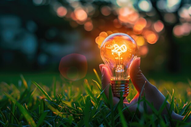 mantenga la bombilla de la mano en la hierba con el concepto de energía de la energía del atardecer naturaleza