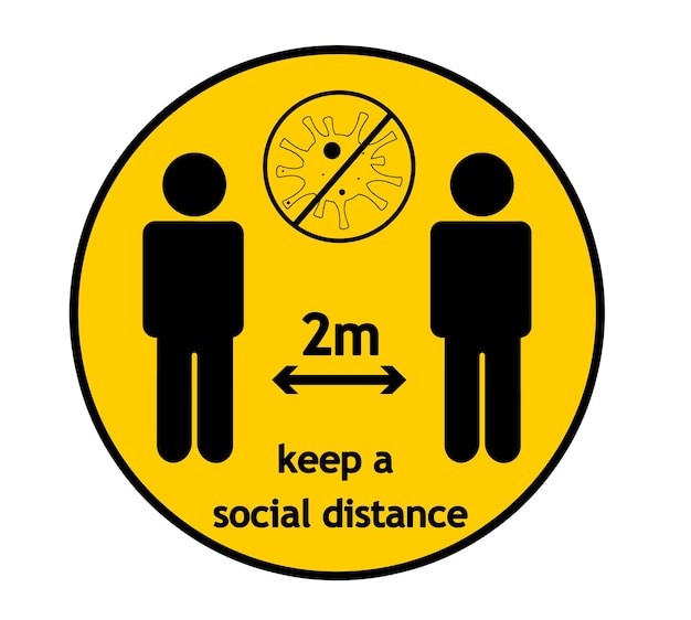 Foto mantenha uma ilustração de placa redonda amarela de distância social medida de proteção durante a pandemia de coronavírus