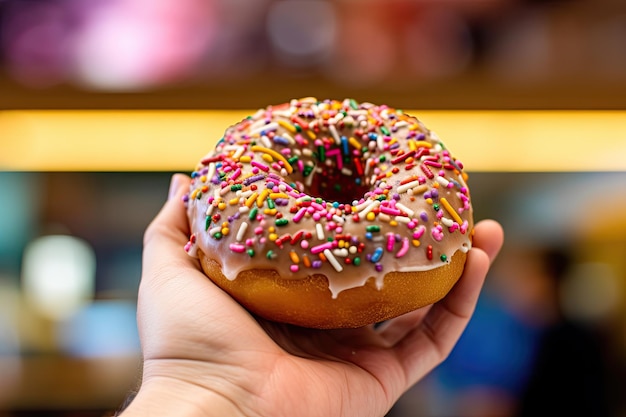 Foto manteniendo en la mano una rosquilla de caramelo con salpicaduras de dulces frente a un fondo borroso ia generativa