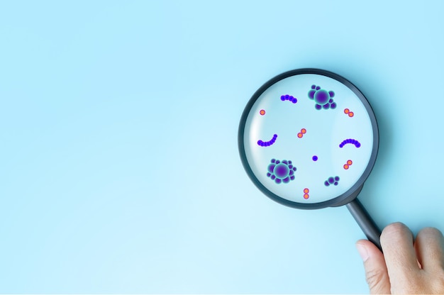 Mantenimiento de la mano de la lupa enfoque más y icono de virus a la atención médica en fondo azul concepto de seguro de salud y acceso a la tecnología médica de bienestar