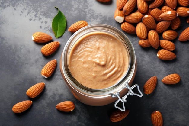 Mantequilla de almendras orgánica en un frasco de vidrio sobre fondo gris enfatizando la comida natural saludable Vista superior