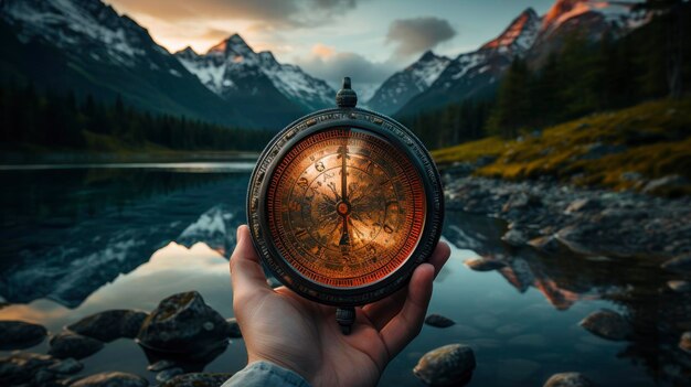Foto mantiene una brújula de época al atardecer en un paisaje montañoso
