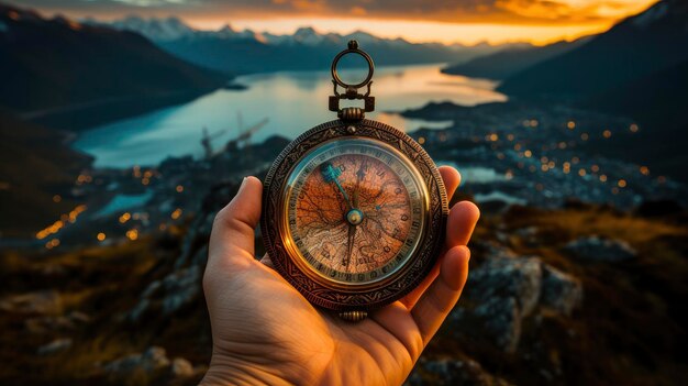 Foto mantiene una brújula de época al atardecer en un paisaje montañoso