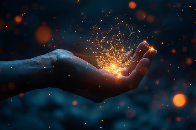 Mantiene en la mano un holograma digital que muestra tecnología futurista e innovación holográfica