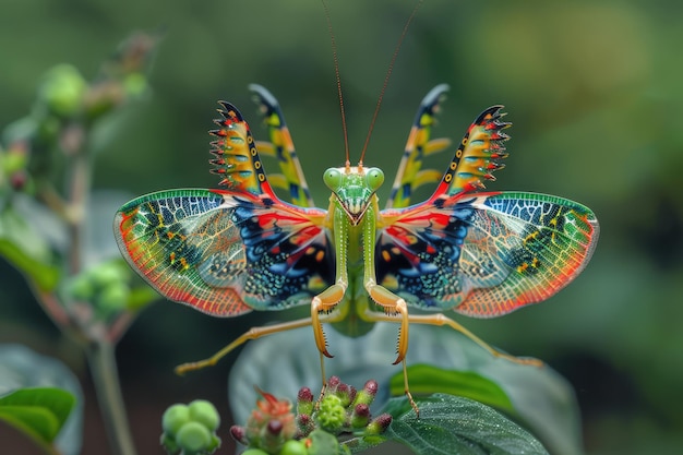 Mantis colorida con las alas abiertas hermoso insecto sentado en una planta