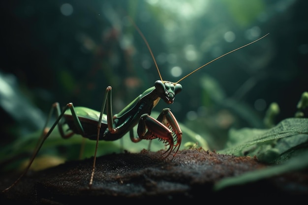 Una mantis en una jungla con un fondo verde.