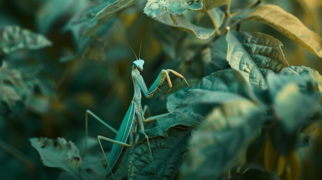 Una mantis orante camuflada entre las hojas su cuerpo delgado y su cabeza triangular se mezclan perfectamente con su entorno en una exhibición de sigilo y paciencia