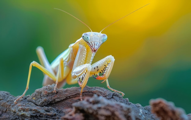 Mantis orante defensiva posicionada contra um fundo dourado