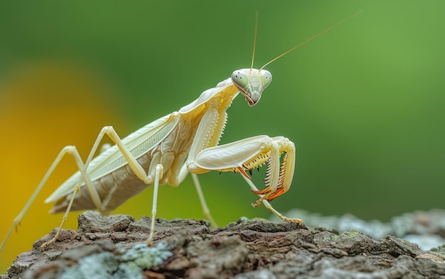 Mantis orante exibe postura defensiva em fundo dourado