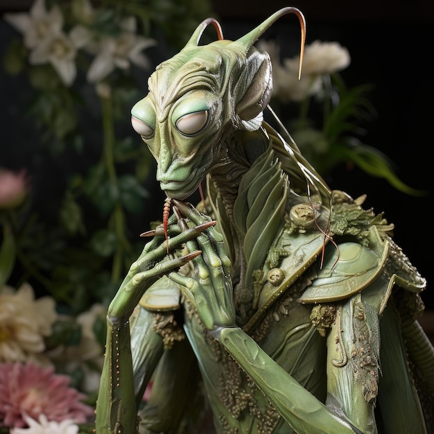 Foto mantis orantes humanizadas gigantes mundos paralelos alienígenas arte generado por la ia concepto de universo vida extraterrestre