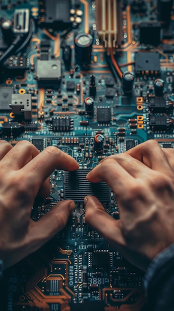 Manual de microchip que se conecta al microcontrolador Vista superior en manos de ingenieros trabajando con microcontrolador