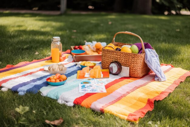 Foto manualidades y proyectos en una manta de picnic en el patio trasero creados con inteligencia artificial generativa