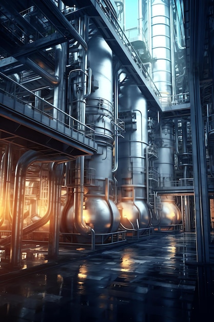 Manufactura química generativa AI Área industrial con tanques redondos Fábrica química en el sol