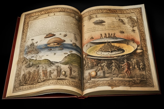 Manuscrito medieval con miniaturas de alienígenas y naves espaciales