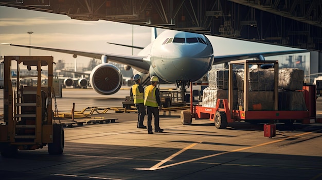 Foto manuseio de carga no aeroporto equipes de terra a carregar aviões camiões a chegar para a recolha de carga