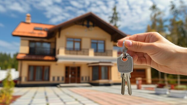 Foto manuseio de chaves em frente à nova casa aquisição de propriedade imobiliária