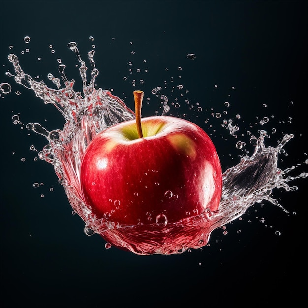 Manzana en agua salpicada sobre fondo aislado