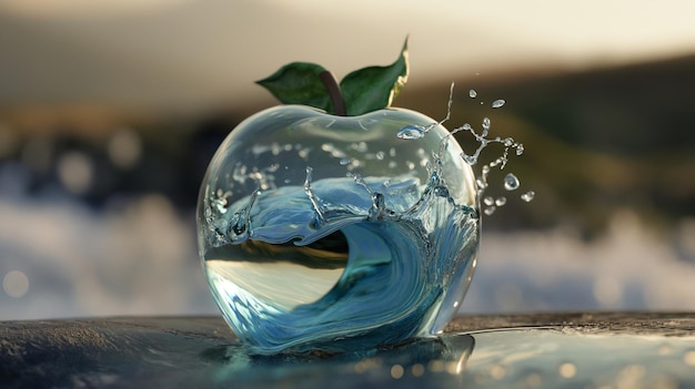 una manzana con agua salpicando sobre ella y la ola en el agua