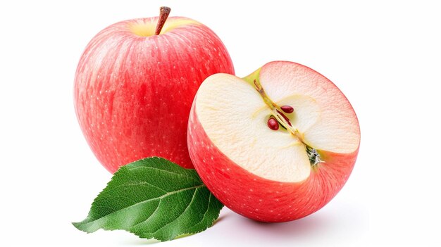 Manzana aislada Fruta de manzana rosa roja entera con hojas aisladas en generativo blanco Ai.